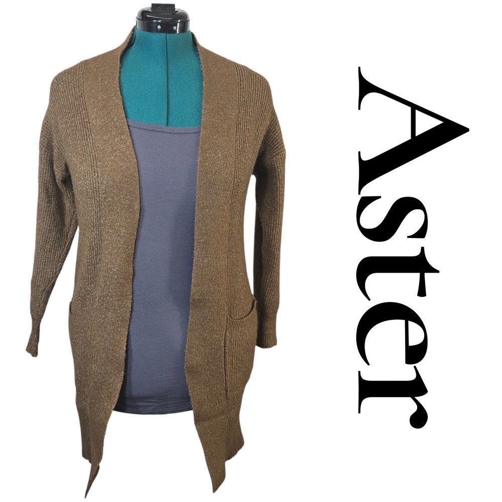 Aster Brown Heather Ribbed Open‎ Front Cardigan Sweater Pockets Small